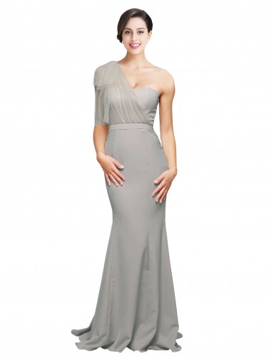 Cheap Long Sweep Train Sweetheart Crepe Prom Dress with Tulle One Shoulder