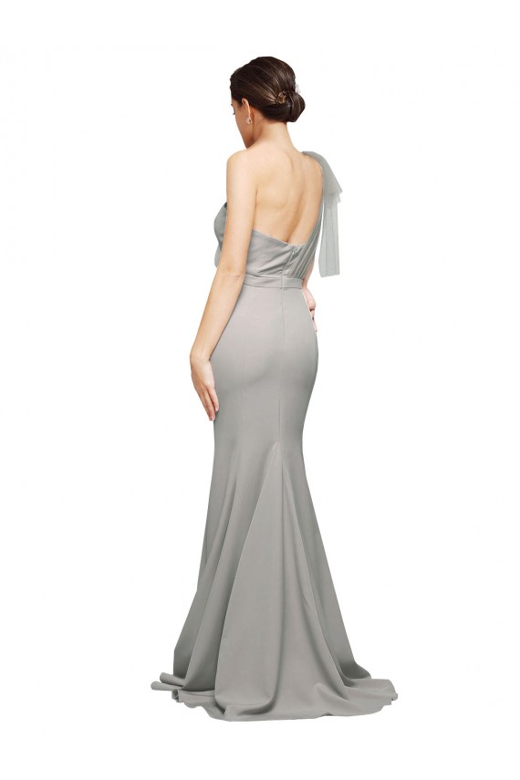 Cheap Long Sweep Train Sweetheart Crepe Prom Dress with Tulle One Shoulder