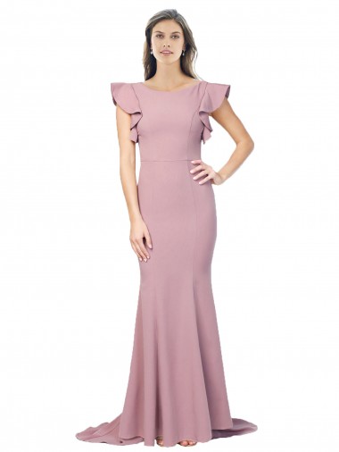 Cheap Flutter Sleeves Low V-Back High Round Neck Crepe Prom Dress