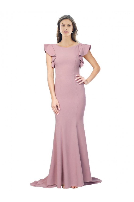 Cheap Flutter Sleeves Low V-Back High Round Neck Crepe Prom Dress