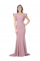 Cheap Flutter Sleeves Low V-Back High Round Neck Crepe Prom Dress