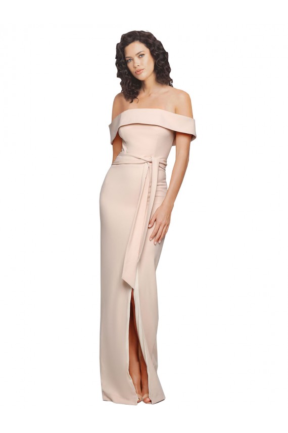 Cheap Off the Shoulder Long Crepe Prom Dress with Waist Tie and Slit