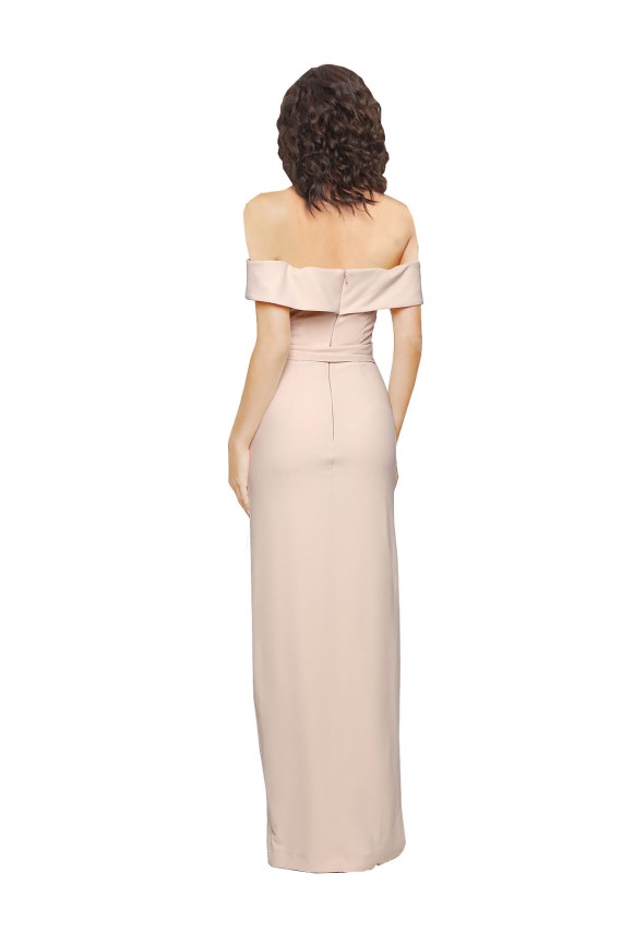 Cheap Off the Shoulder Long Crepe Prom Dress with Waist Tie and Slit