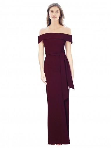 Cheap Off the Shoulder Long Crepe Prom Dress with Waist Tie