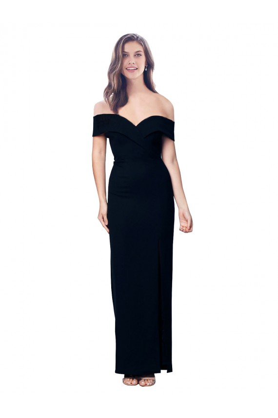 Cheap Off the Shoulder Long Full Length Crepe Prom Dress with Side Split