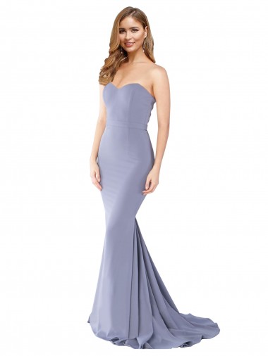 Cheap Long Strapless Sweetheart Sweep Train Crepe Prom Dress with Low Back