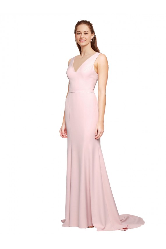 Cheap Deep V-Neckline and Back Long Sweep Train Crepe Prom Dress with Shoulder Straps