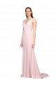 Cheap Deep V-Neckline and Back Long Sweep Train Crepe Prom Dress with Shoulder Straps