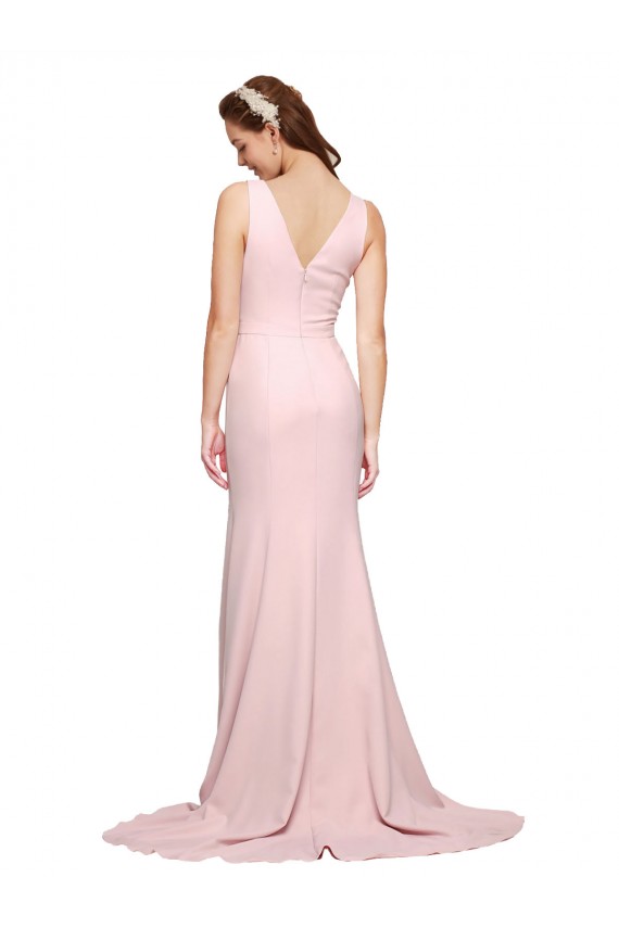 Cheap Deep V-Neckline and Back Long Sweep Train Crepe Prom Dress with Shoulder Straps
