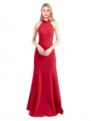 Cheap Sleek Fit and Flare High Neck Halter Stretch Crepe Prom Dress with Open Back
