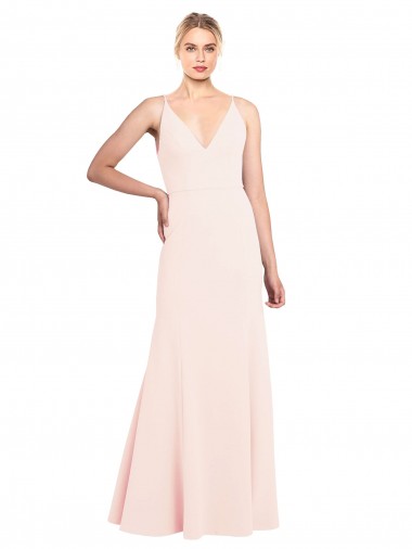 Cheap Slim A-Line V-Neck Long Stretch Crepe Prom Dress with V-Back