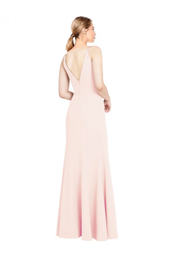 Cheap Slim A-Line V-Neck Long Stretch Crepe Prom Dress with V-Back