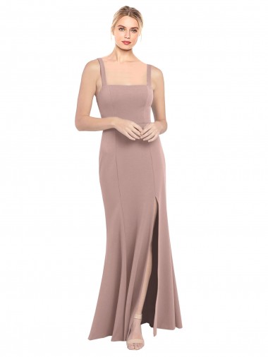 Cheap Square Neck Fit and Flare Long Stretch Crepe Prom Dress with Side Slit