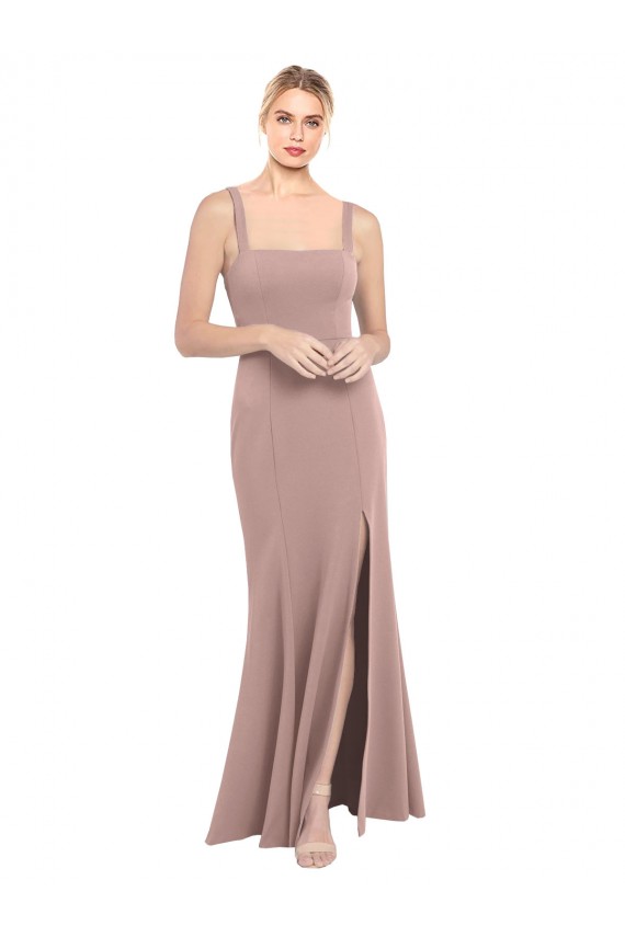 Cheap Square Neck Fit and Flare Long Stretch Crepe Prom Dress with Side Slit