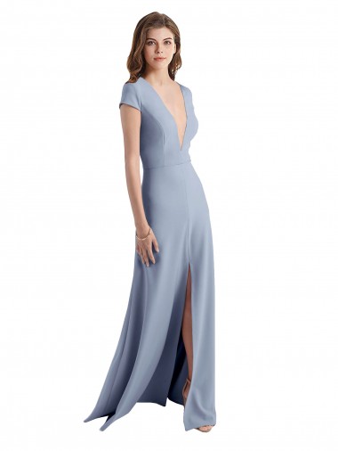 Cheap Plunging V-Neck Cap Sleeves Stretch Crepe Prom Dress with Front Slit