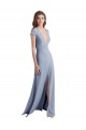 Cheap Plunging V-Neck Cap Sleeves Stretch Crepe Prom Dress with Front Slit