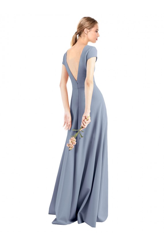 Cheap Plunging V-Neck Cap Sleeves Stretch Crepe Prom Dress with Front Slit