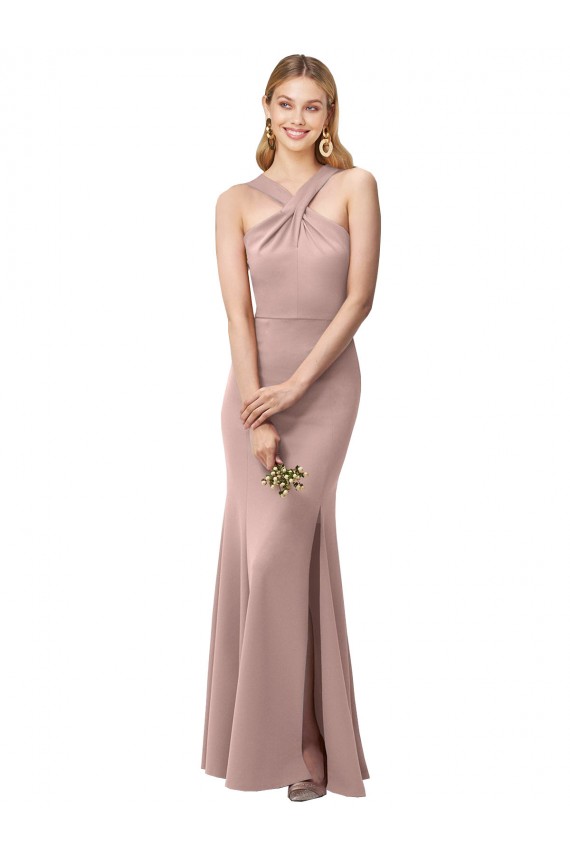 Cheap Long Floor Length High Neck Fit and Flare Stretch Crepe Prom Dress with Side Slit