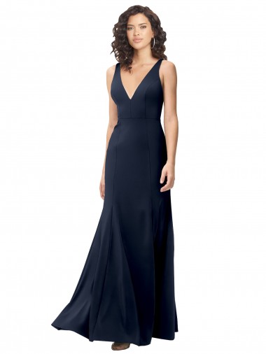 Cheap Classic V-Neck Long Stretch Crepe Prom Dress with V-Back