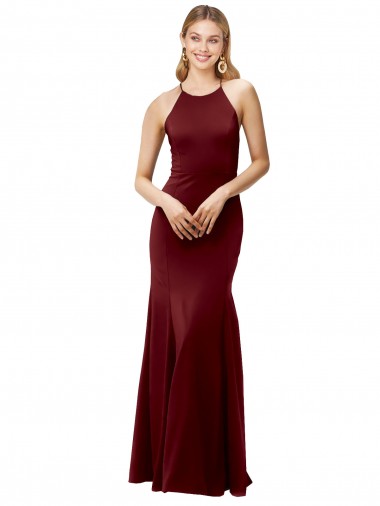 Cheap Fit and Flare Halter Neckline Stretch Crepe Prom Dress with Strappy Back
