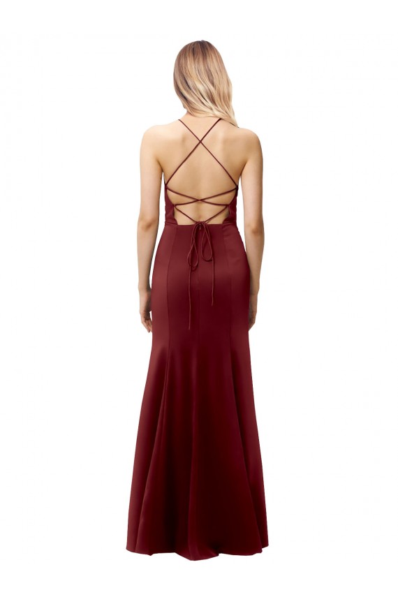 Cheap Fit and Flare Halter Neckline Stretch Crepe Prom Dress with Strappy Back