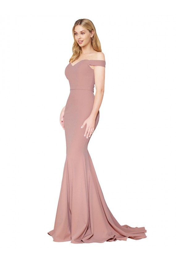 Cheap Off the Shoulder Sweetheart Long Sweep Train Crepe Prom Dress