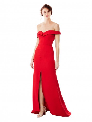 Cheap Off the Shoulder Chapel Train Crepe Prom Dress with Thigh-High slit