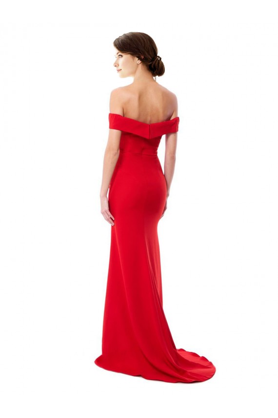 Cheap Off the Shoulder Chapel Train Crepe Prom Dress with Thigh-High slit