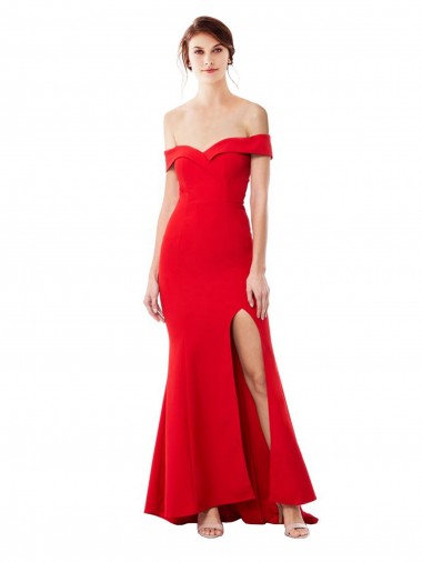 Cheap Off the Shoulder Sweetheart Maxi Crepe Prom Dress With Thigh Split and Train