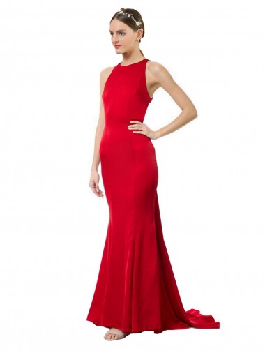 Cheap High Neck Mermaid Open Back Crepe Maxi Prom Dress with Train Detail