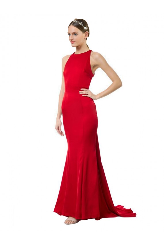 Cheap High Neck Mermaid Open Back Crepe Maxi Prom Dress with Train Detail