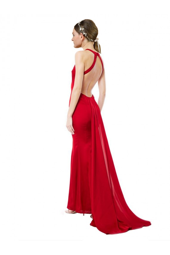 Cheap High Neck Mermaid Open Back Crepe Maxi Prom Dress with Train Detail