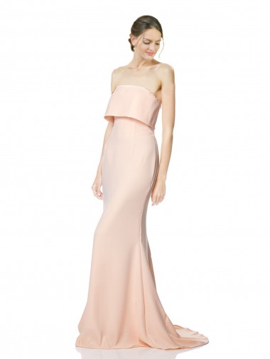 Cheap High Neck Strapless Long Crepe Maxi Prom Dress with Overlay