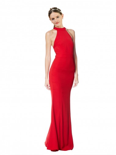 Cheap Halter Neck Keyhole Back Sleeveless Crepe Maxi Prom Dress