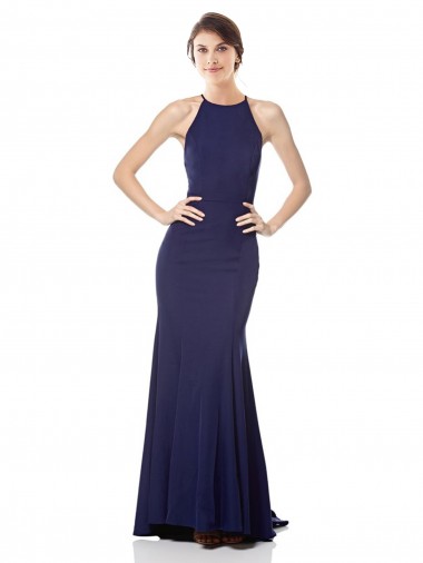 Cheap High Neck Fishtail Crepe Prom Dress with Open Back Detail