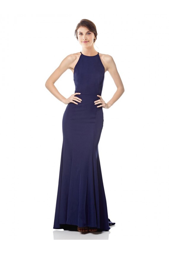 Cheap High Neck Fishtail Crepe Prom Dress with Open Back Detail