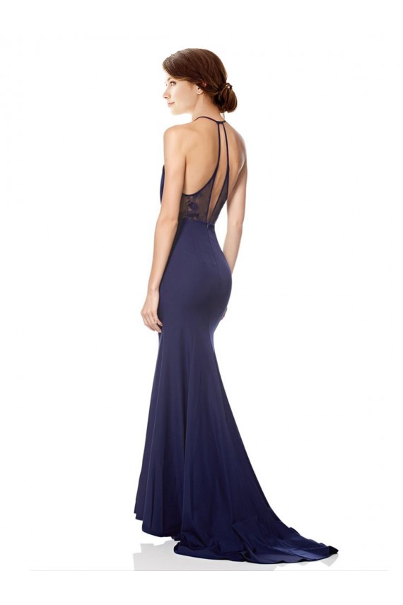 Cheap High Neck Fishtail Crepe Prom Dress with Open Back Detail