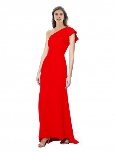 Cheap High Neck Ruffle Frill One Shoulder Maxi Crepe Prom Dress