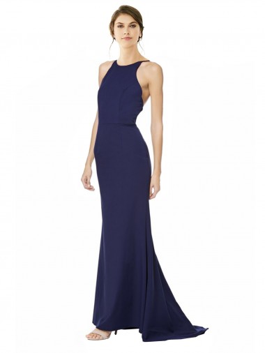 Cheap Fishtail High Neck Maxi Crepe Bridesmiad Dress with Strappy Back Detail