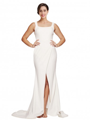 Cheap Square Neck Long Sheath Sweep Train Crepe Prom Dress 