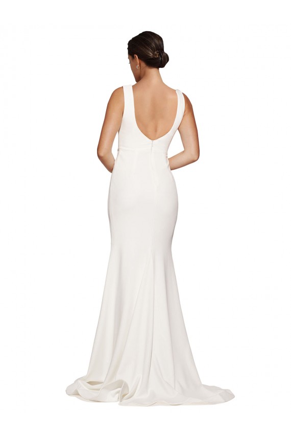 Cheap Square Neck Long Sheath Sweep Train Crepe Prom Dress 