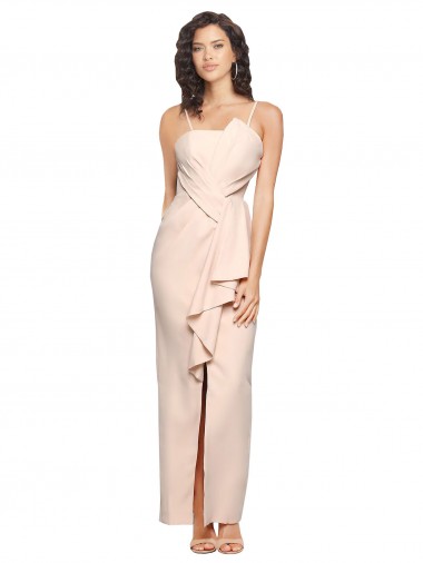 Cheap Long Full Length Ruffles Strapless Low Back Crepe Prom Dress with Straps