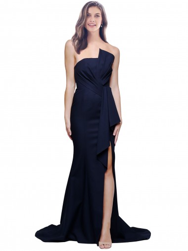 Cheap Long Strapless Sweep Train Low Back Crepe Prom Dress