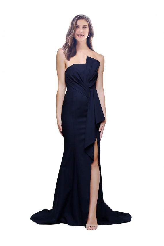 Cheap Long Strapless Sweep Train Low Back Crepe Prom Dress