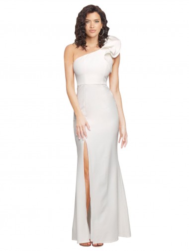 Cheap One Shoulder Long Full Length Crepe Prom Dress with Ruffles and Side Split