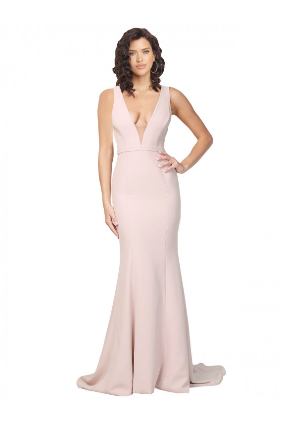 Cheap Deep Plunging V-Neckline Full Length Crepe Prom Dress with Deep V-Backline