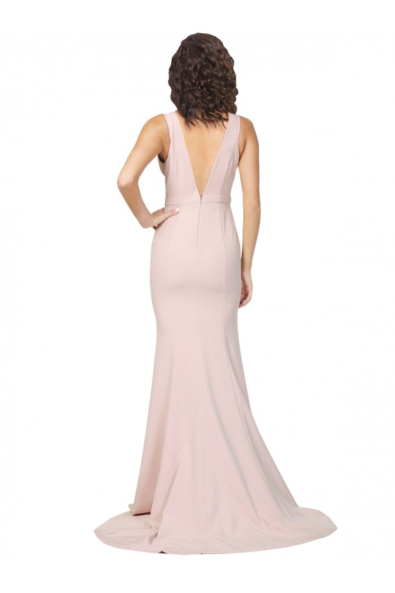 Cheap Deep Plunging V-Neckline Full Length Crepe Prom Dress with Deep V-Backline