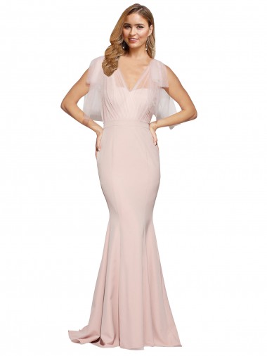 Cheap Double Bow Full Length Sweetheart Crepe Prom Dress with Tulle Overlay