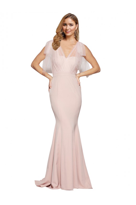 Cheap Double Bow Full Length Sweetheart Crepe Prom Dress with Tulle Overlay