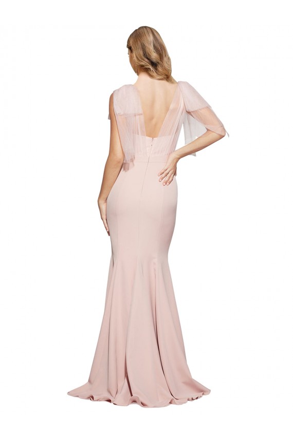 Cheap Double Bow Full Length Sweetheart Crepe Prom Dress with Tulle Overlay